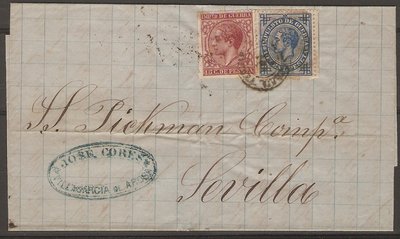 franqueo mixto dos emisiones de I.G. 10 cts (E 1876) como sello de coreos y 15 (E 1877).JPG