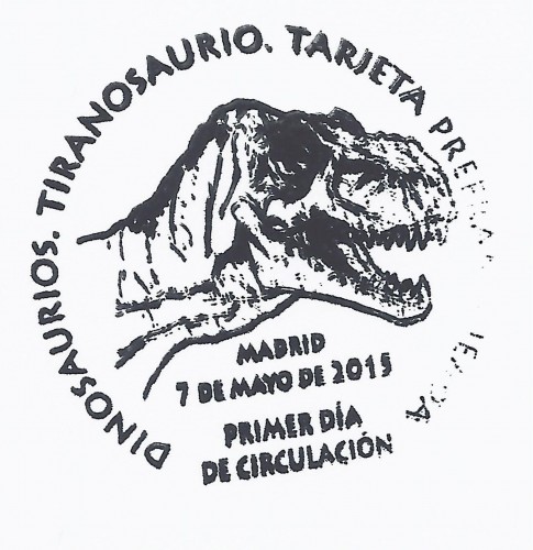 2015-05-07. Dinosaurios. Tiranosaurio. Tarjeta Entero Postal. Matasellos de Primer Día. Baja.jpg