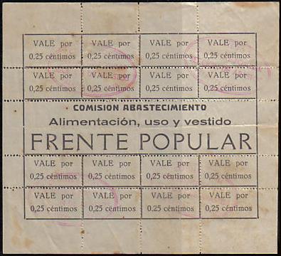 25c negro, hojita de 16 vales (8 + 8) con marca de control sobre cuatro vales. Dentado. Existen dos marcas de control diferentes, ambas ovaladas y en color rojo o violeta. En el caso de la imagen es del tipo II, Comité Local del Frente Popular-Sección de Abastos-Talavera del Tajo.