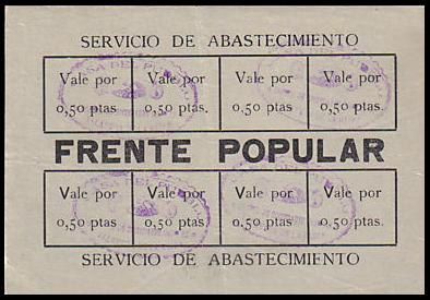 50c negro, hojita con 8 vales de consumo con marca de control solo del tipo I. Sin dentar. En este tipo I la marca de control dice: Casa del Pueblo-Centro de Sociedades Obreras-Talavera de la Reina.
