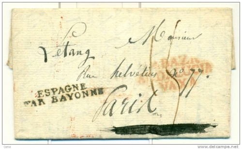 1811 carta Orce a París marca de correo español de salida de Baza. Corte de desinfección.
