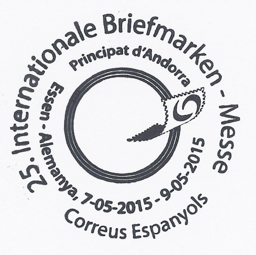 Essen. 2015-05-07 a 09. 25. Internationale Briefmarken-Messe. Andorra. Matasellos. Baja.jpg