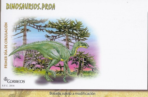 Dinosaurios. 2016. Proa valdearinnoensis. Boceto del año 2015. Sobre de Primer Día. Baja.jpg