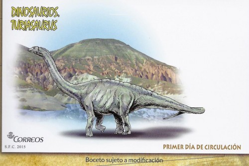 Dinosaurios. 2016. Turiasaurio. Boceto del año 2015. Sobre de Primer Día. Baja.jpg
