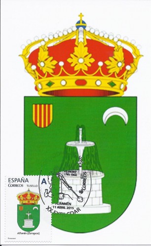 Alfamen. 2015-04-09 al 12. Exfilcoar 2015. Tarjeta con escudo. Anverso. Matasellada. Baja.jpg
