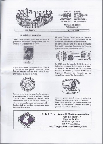 Vilaposta. Butlletí Cultural Associació Filatélica i Numismática 'Rei en Jaume I'. III Época. Estiu 2003. Baja.jpg