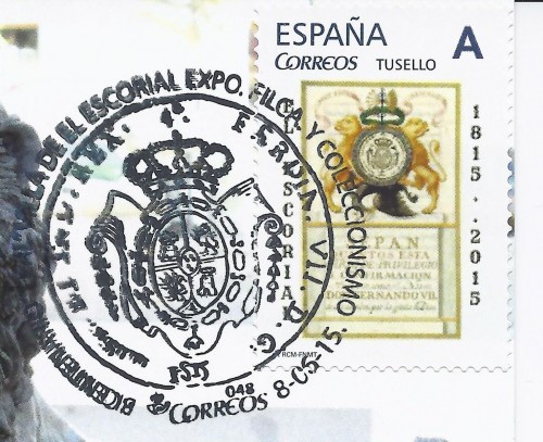 2015-06-08 al 14. Exposición Filatélica y Coleccionismo. Bicentenario de la Leal Villa de El Escorial. Tarjeta. Reverso. Sello matasellado. Baja.jpg