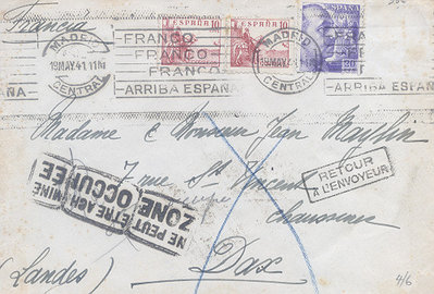 Para mi rara marca francesa en carta a Gran Bretaña que por la gurra no puede ser encaminada, y por lo tanto devuelta al remitente.