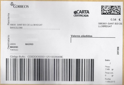 Etiqueta térmica digital. Grande. Carta certificada. 0883001-Sant Boi de Llobregat. 257358. 0,54. 2015-06-11. Baja.jpg