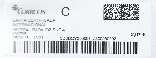 Etiqueta térmica digital. 0612994 - Badajoz Suc 4. 299765. Carta certificada internacional. 2,97. 3,7x9,9. 2015-06-25.jpg