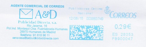 Franqueo digital. Azul. PB900047. 28053. Publicorreo Optimo Nacional. 2015-06-12.jpg