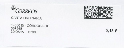 Etiqueta térmica digital. 1400010 - Cordoba OP. 357648. Carta ordinaria. 0,18. 3,7x9,9. 2015-06-30. 12.00.jpg