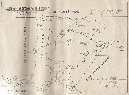Novísimo Atlas. Geografía Postal de España. Ángel Carmona López. 1938. Mapa de los Servicios Aéreos Postales en la España nacional. Noviembre 1938. Baja.jpg