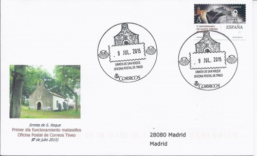 Matasellos turístico. 2015-07. Ermita de San Rqoue. Tineo. 2015-07-09. FASFIL. Sobre matasellado. Anverso. Baja.jpg