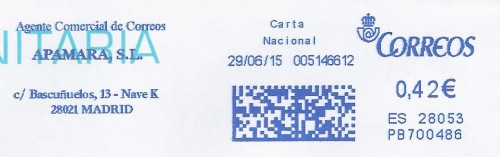 Franqueo digital. Azul. PB700486. 28053. Carta Nacional. 2015-06-29. Agente Comercial de Correos.jpg