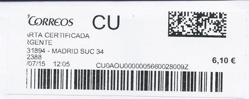 Etiqueta térmica digital. 2831894 - Madrid Suc 34. ..2388. Carta certificada urgente. 6,10. 3,7x9,9. 2015-07-29. 12.05.jpg