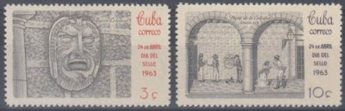 Antiguo Buzón Plaza de Armas La Habana Cuadro a la Acuarela Museo Postal de Cuba Autor Carlos Echenagusía Sellos de Cuba.jpg