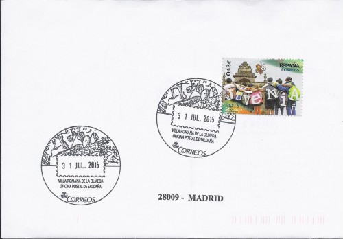 Matasellos turístico. Saldaña. Villa Romana de la Olmeda. 2015-07-31. Carta completa. Anverso. Baja.jpg