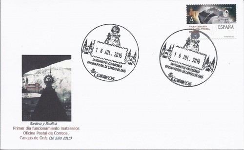 Matasellos turístico. Cangas de Onís. Santuario de Covadonga. 2015-07-16. Carta completa de favor. Anverso. Baja.jpg