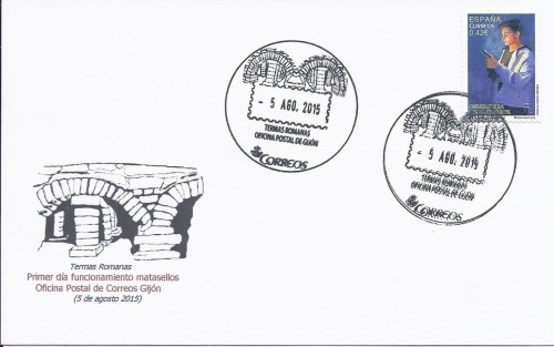Matasellos turístico. Gijón. Termas Romanas. 2015-08-05. 1. Carta completa de favor. Anverso. Baja.jpg