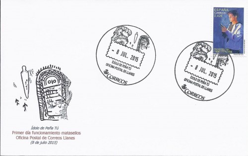 Matasellos turístico. Llanes. Ídolo de Peña Tú. 2015-07-08. Carta completa de favor. Anverso. Baja.jpg