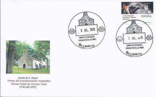 Matasellos turistico. Tineo. Ermita de San Roque. 2015-07-09. Carta completa de favor. Anverso. Baja.jpg