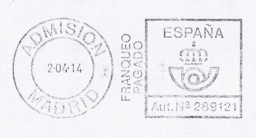 Franqueo Pagado. 289121. Admision. Madrid. 2014-04-02. Baja.jpg