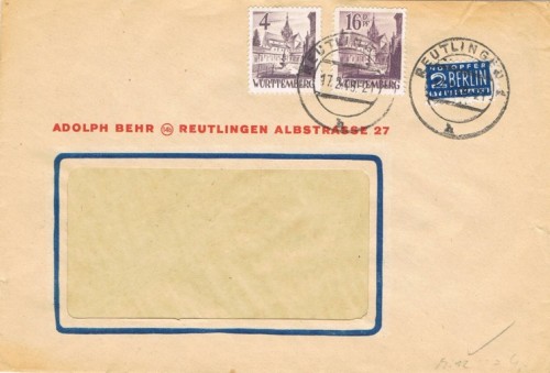 REUTLINGEN (Wurtemberg zona francesa), tarifa correo ordinario 20 pf, del 17 de febrero 1949