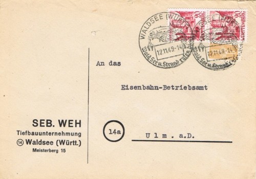 WALDSEE (Wurtemberg zona francesa), carta doble porte 2x20 pf del 12 de Noviembre de 1949, con un sello temporal de la imprenta Wegener