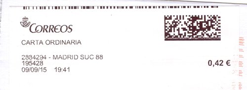 Etiqueta térmica digital. 2884294 - Madrid Suc 88. 195428. Carta ordinaria. 0,42. 3,7x9,9. 2015-09-09. 19.41. Fallo de impresión.jpg
