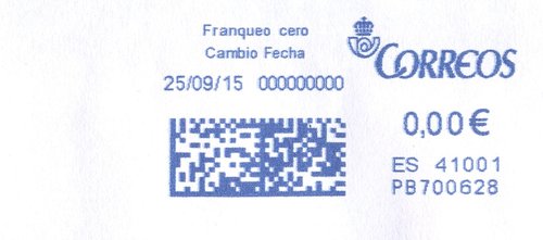Franqueo digital. Azul. PB700628. 41001. Franqueo cero. Cambio Fecha. 2015-09-25. Baja.jpg