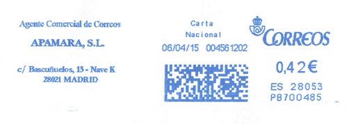 Franqueo digital. Azul. PB700485. 28053. Agente Comercial. Carta Nacional. 2015-04-06. Baja.jpg