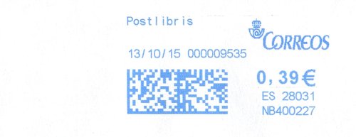 Franqueo digital. Azul. PB400227. 28031. Postlibris. 2015-10-13. Baja.jpg