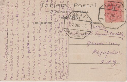 Reverso Tarjeta Postal fechada en La Bisbal