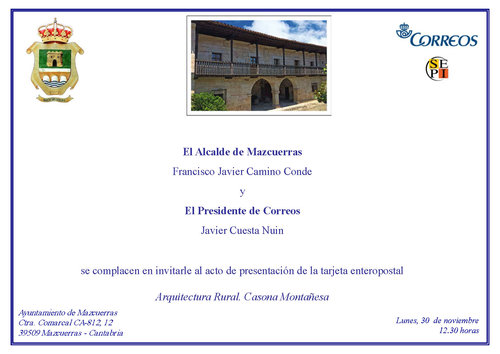 2015-10-29. Arquitectura rural 2015. Casona montañesa. Tarjeta Entero Postal. Presentación. 2015-11-30.jpg
