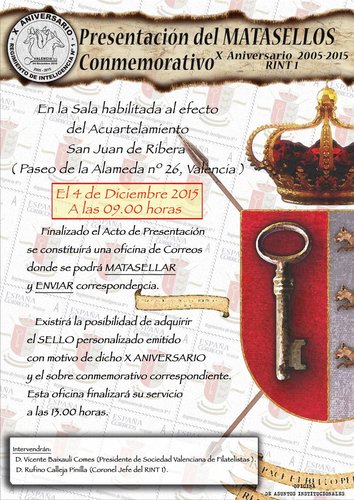 Valencia. 2015-12-03. Presentación matasellos conmemorativo de X Aniversario del Regimiento de Inteligencia n.º 1. Cartel. Baja.jpg