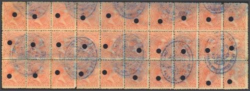 1889. 10 pts naranja, bloque de treinta. Matasello de Telégrafos y taladrado. MAGNIFICO Y EL BLOQUE MAS GRANDE CONOCIDO DE ESTE VALOR CLAVE.jpg