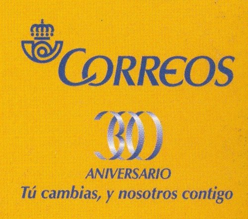 Correos. 300 aniversario. Logotipo. Fondo amarillo. Letras azules. Baja.jpg