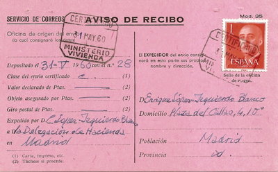 Ministerio de la Vivienda. Certificado en Acuse de Recibo. 1960
