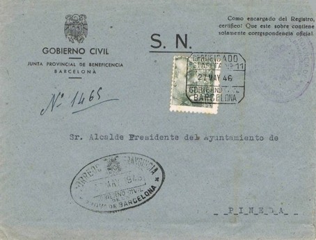 BARCELONA certificado 1946. Ovalado Gobierno Civil