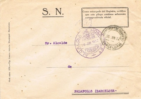 HOSPITALET de LLOBREGAT (Barcelona) alcaldia 1932, estampación violeta