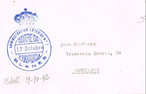 BLANES (gerona), administración de Loteria num 1, año 1942