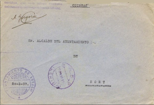 ESTACH (Lerida) 1937. Corona decapitada, en carta remitida de BARÓ (50 habitantes). Estach o ESTAC cuenta actualmnt con 23 habitantes.