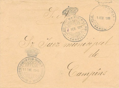 CAMPINS (Barcelona) Juzgado 1911, matasellado a la llegada, lleva otra Franquicia de salida de BARCELONA, Instituto Geografico y Estadistico