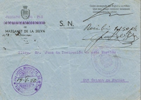 MASSANET de la SELVA (Gerona) Juzgado Municipal, corona decapitada 1950