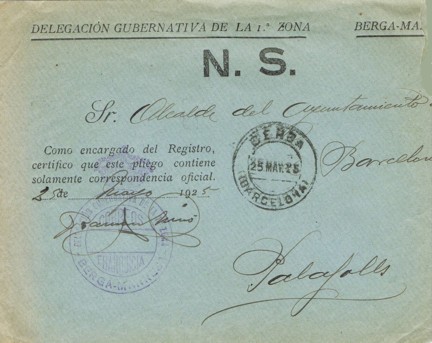 BERGA (Barcelona) delegación gubernativa zona Berga-Manresa 1ª zona 1925