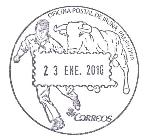 Matasellos turistico. Iruna Pamplona. Oficina postal. 2016-01-23. Baja.jpg