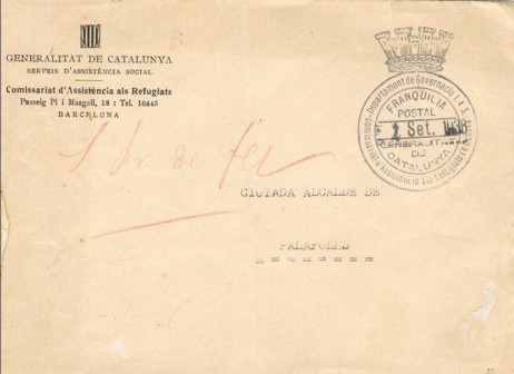 BARCELONA, Generalitat departamento Gobernacion, Comisariat d'Asistenia a Refugiats 1938