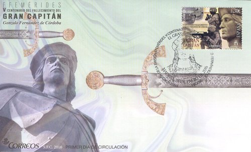 2016-01-28. Efemerides. V Centenario del fallecimiento de Gonzalo Fernandez de Cordoba. Presentacion. 09-02-2016. Sobre matasellado. Baja.jpg
