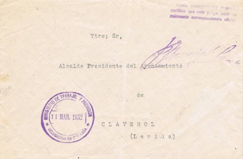 BARCELONA, Ministerio de Trabajo y Previsión 1932, corona real decapitada en época Republicana